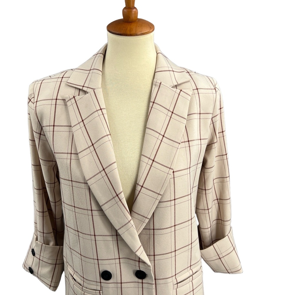 Women’s Plaid Double Breasted Blazer Jacket Beige Brown Check Size M Unbranded - Picture 2 of 5